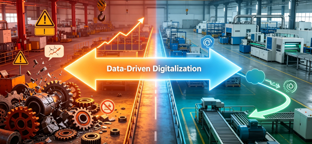 Infographic contrasting the high costs and chaos of poor data management against the optimized efficiency and lower Total Cost of Ownership achieved through digitalization.