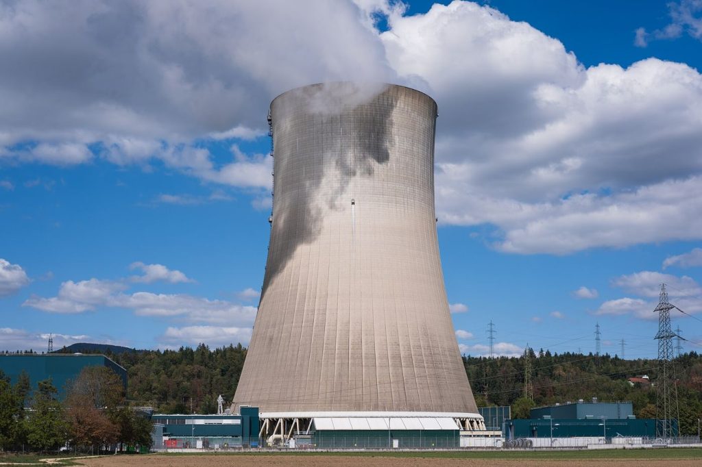 Cooling towers at a nuclear power station at dusk