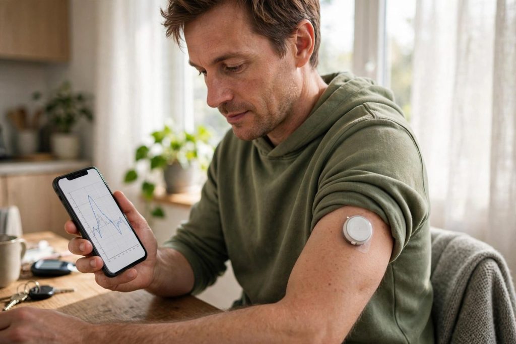 Person with type 2 diabetes wearing a continuous glucose monitor and checking readings on a phone