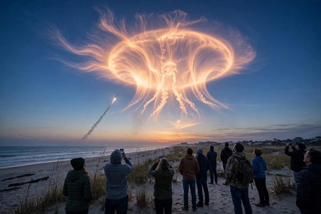 Rocket launch at dawn creating a glowing jellyfish-shaped cloud over the coast