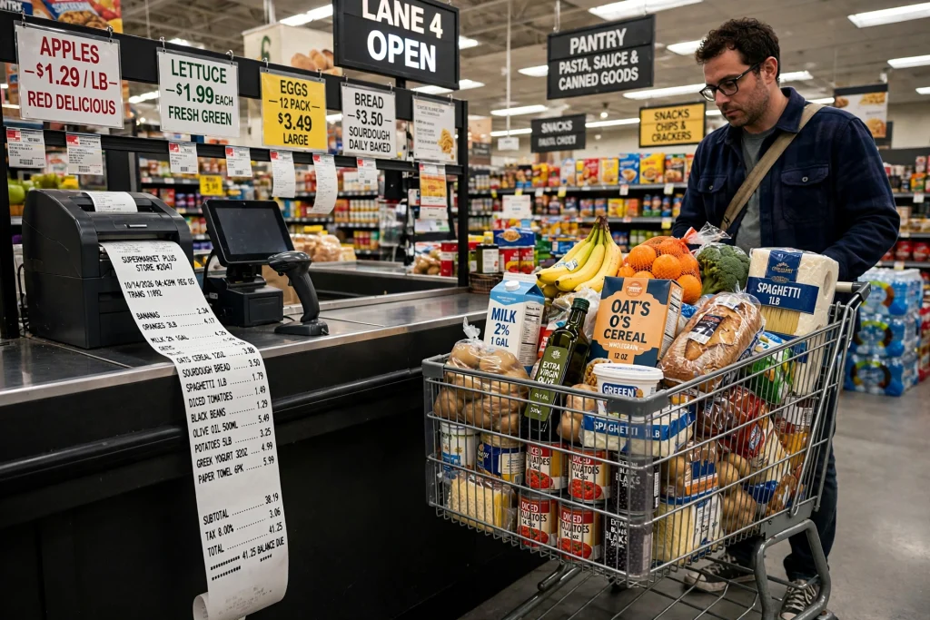 Hidden Fees Are Quietly Costing Shoppers Hundreds a Year — Here’s How to Spot Them Shopper at a supermarket checkout with a long receipt and a full grocery cart