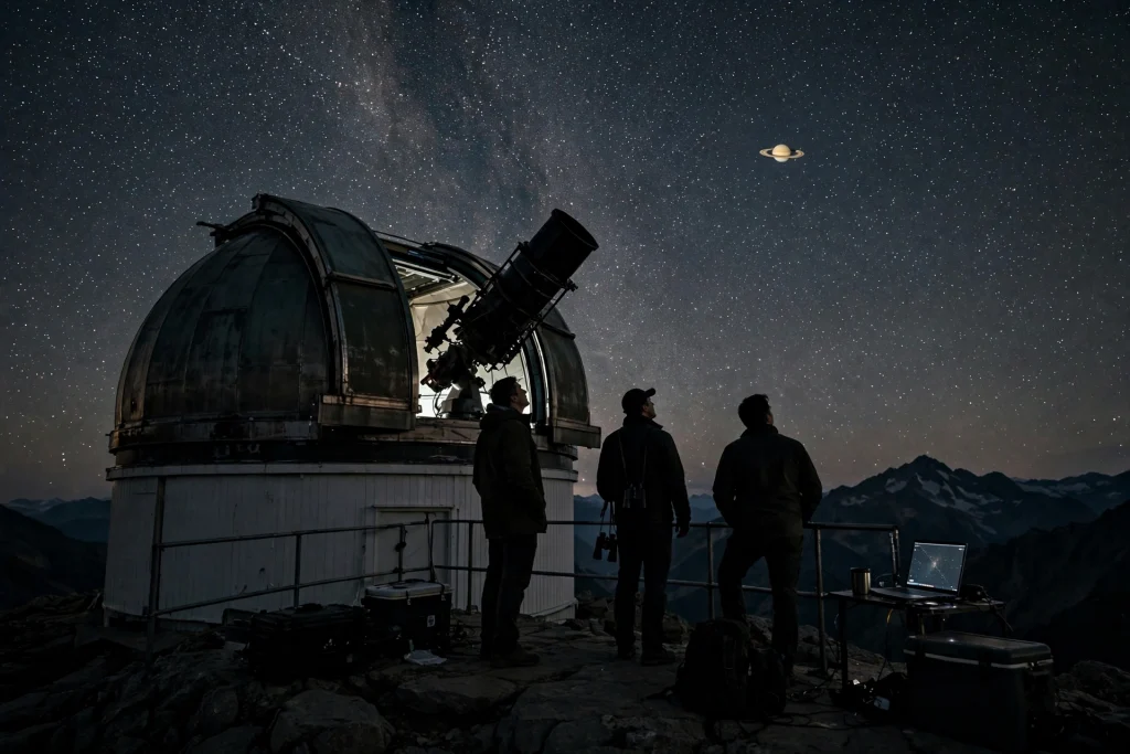 Saturn’s Moon Count Jumps to 274 With 128 Confirmations Observatory telescope beneath a starry sky during a planetary survey