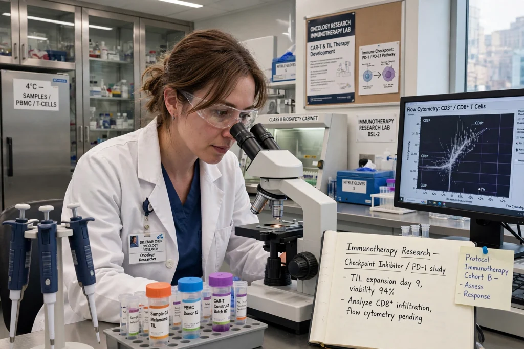 Ovarian Cancer Vaccine Paired With Nivolumab Passes First Test Researcher examining samples in a modern oncology laboratory